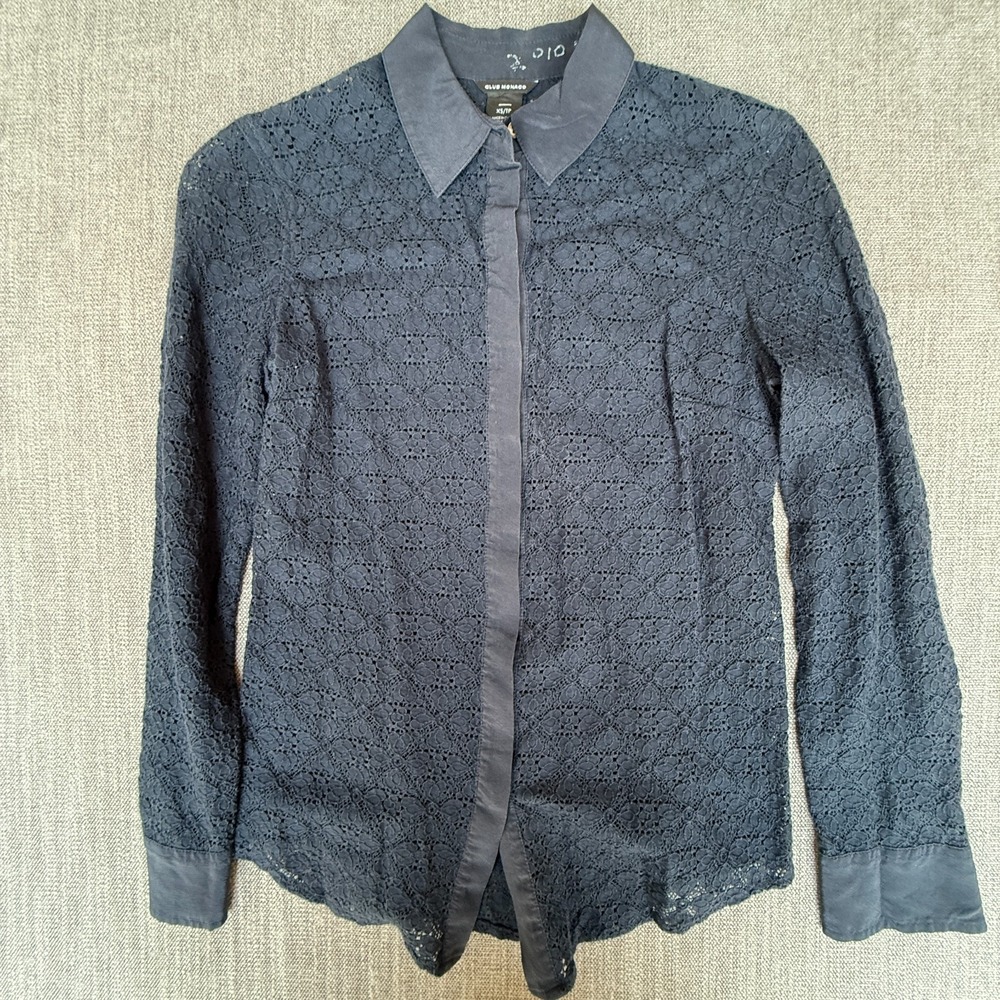 Club Monaco Shirt Top Womens XS Black Lace Overlay Boho Gothic Romance Button Up